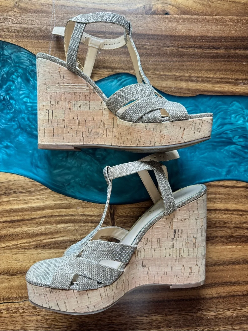 Jessica Simpson Metallic Gold Cork Platform Wedge Sandals
